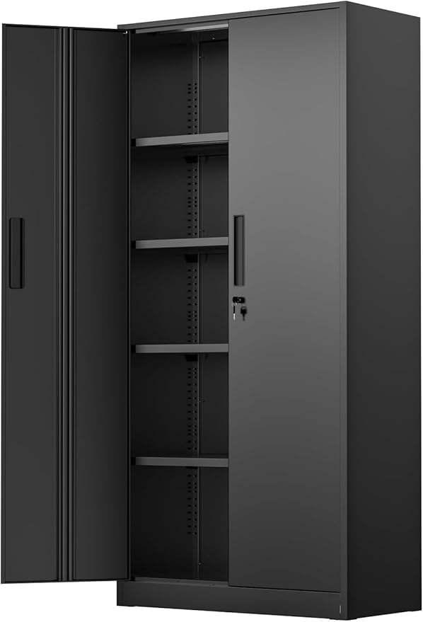 INTERGREAT Black Metal Storage Cabinet with Lock,71" Tall Lockable Garage Storage Cabinet with Doors and Shelves, Cabinets for Home Office, Warehouse
