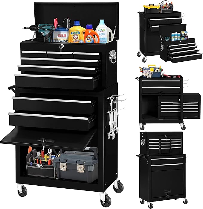 Rolling Tool Chest with Wheels and 8 Drawers, Detachable Large Tool Cabinet with Lock for Garage, Locking Mechanic Tool Cart with Black Liner for Warehouse, Workshop, High Capacity